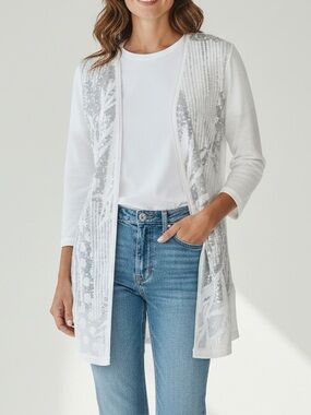 Chico's Small White Sheer Mesh Lightweight Embroidered Knit Top 3/4 Sleeves